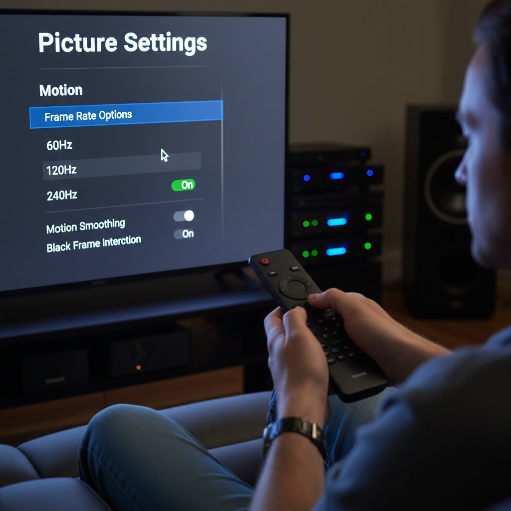 A close-up photo of a hand adjusting TV settings menu with HFR options highlighted, in a focused home theater environment