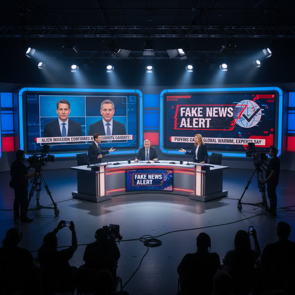 Studio telewizyjne w trakcie debaty politycznej, grafiki fake newsów na ekranach