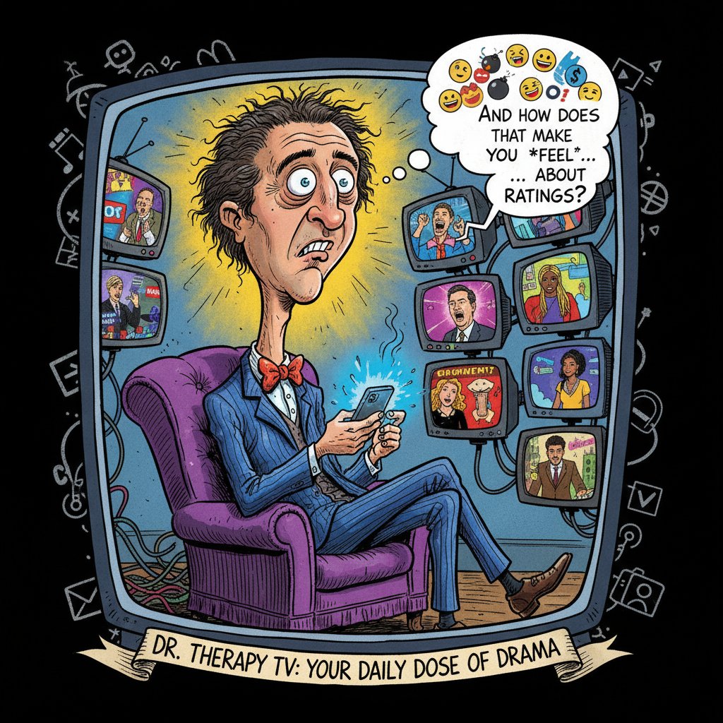 Karykaturalny wizerunek terapeuty w mediach, stylizowany na kreskówkową scenę z serialu