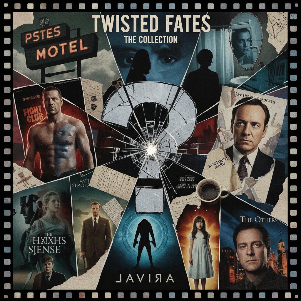 Collage of iconic twist-ending movie posters, artistic arrangement with dramatic titles and bold colors