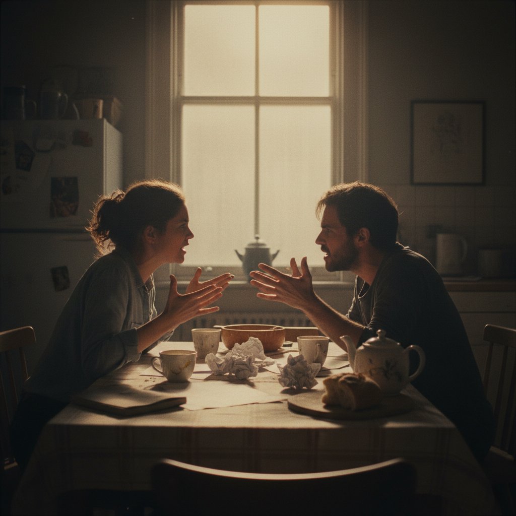 Two family members arguing at the dinner table in a tense scene from a contemporary drama