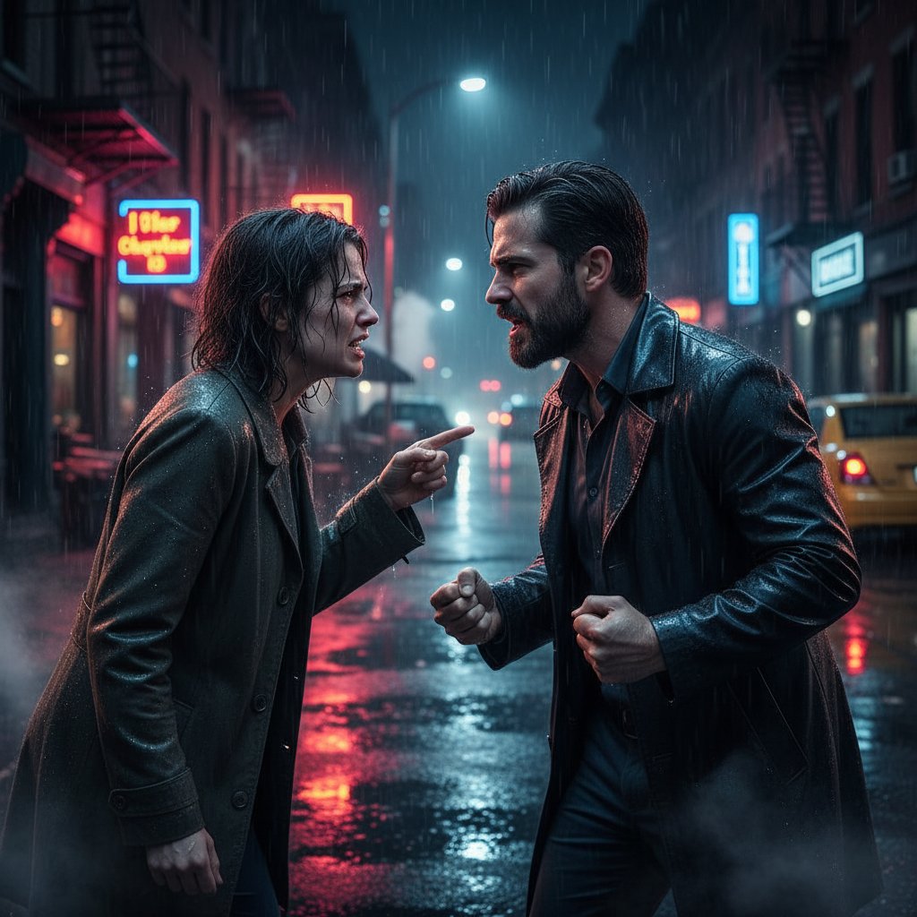 Dwóch aktorów prowadzi burzliwy dialog na planie serialu, realistyczne gesty i mimika, nocne światło