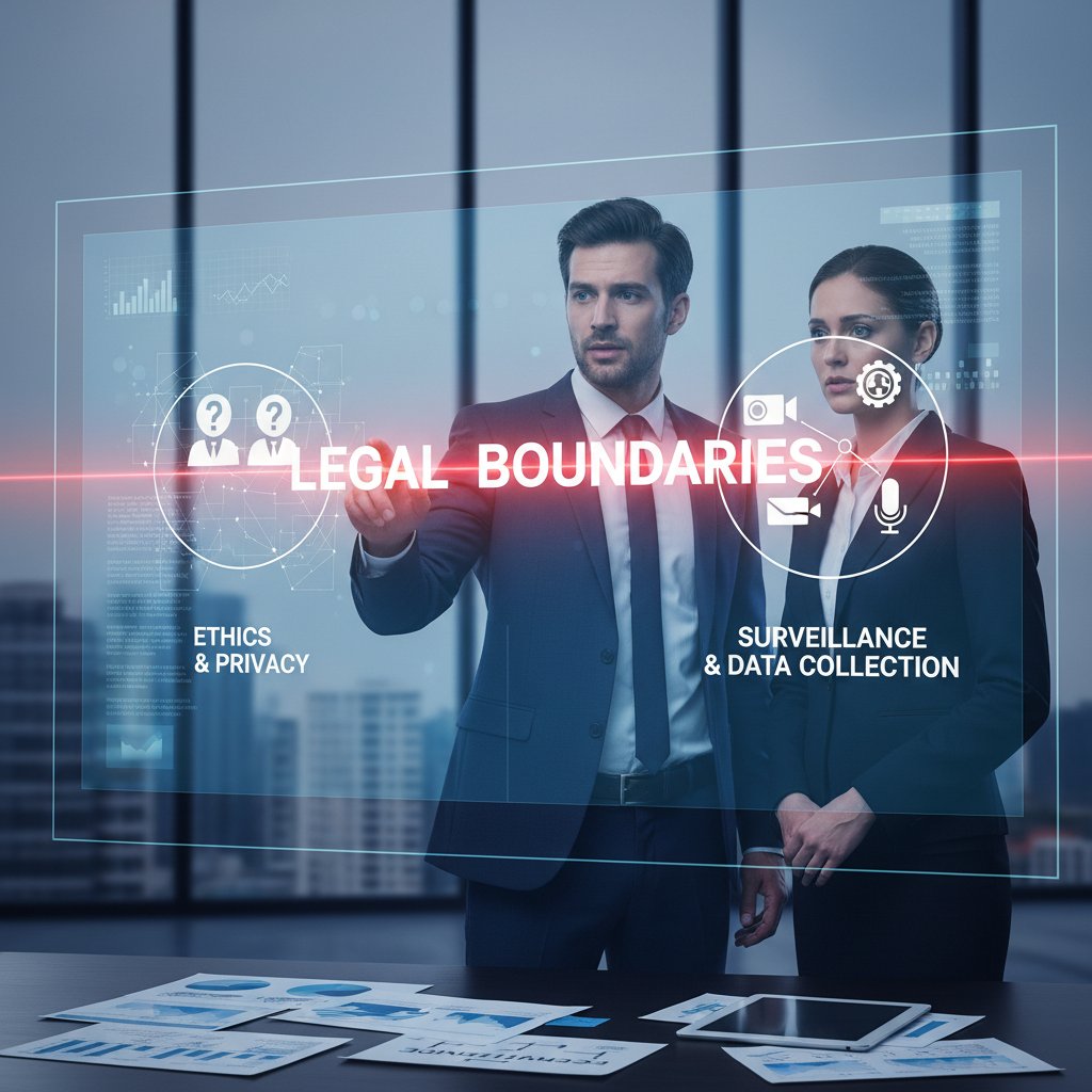 Dwie osoby w garniturach przy komputerze, z niepokojącym światłem, symbolizujące granice monitoringu i legalność