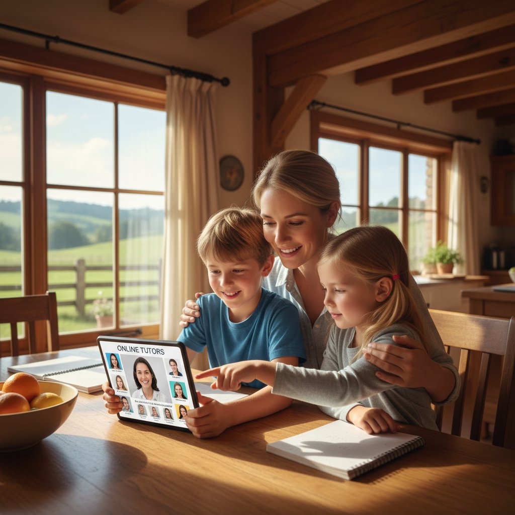 Dwoje dzieci w wiejskim domu uczy się z tabletem, rodzic pomaga wybrać korepetytora online