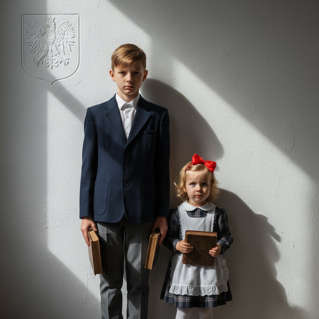 Dwoje dzieci o różnym wzroście stoi pod linijką wzrostu na tle białej ściany, wyraźnie widoczna różnica, światło podkreśla kontrast, polskie realia szkolne