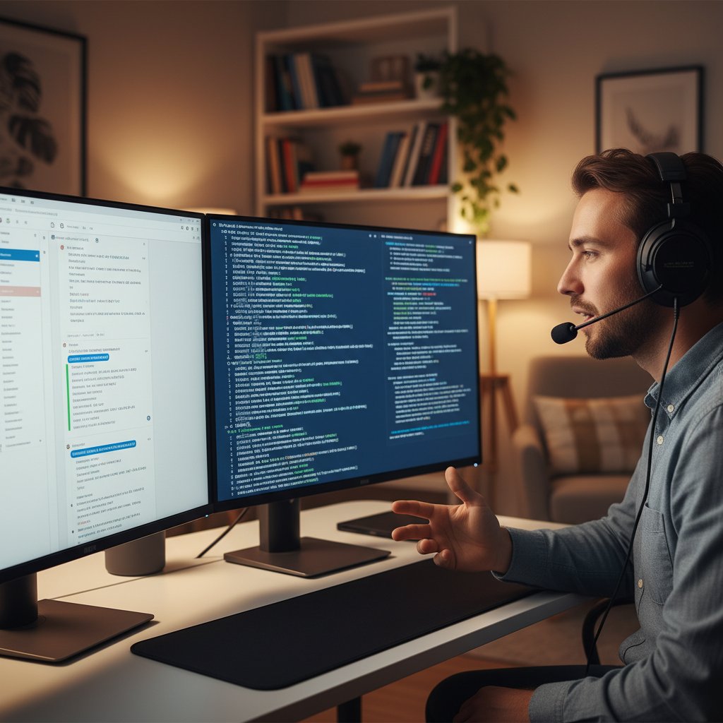 Zwei Computerbildschirme; links KI-Text-Interface, rechts Person mit Kopfhörern, die spricht