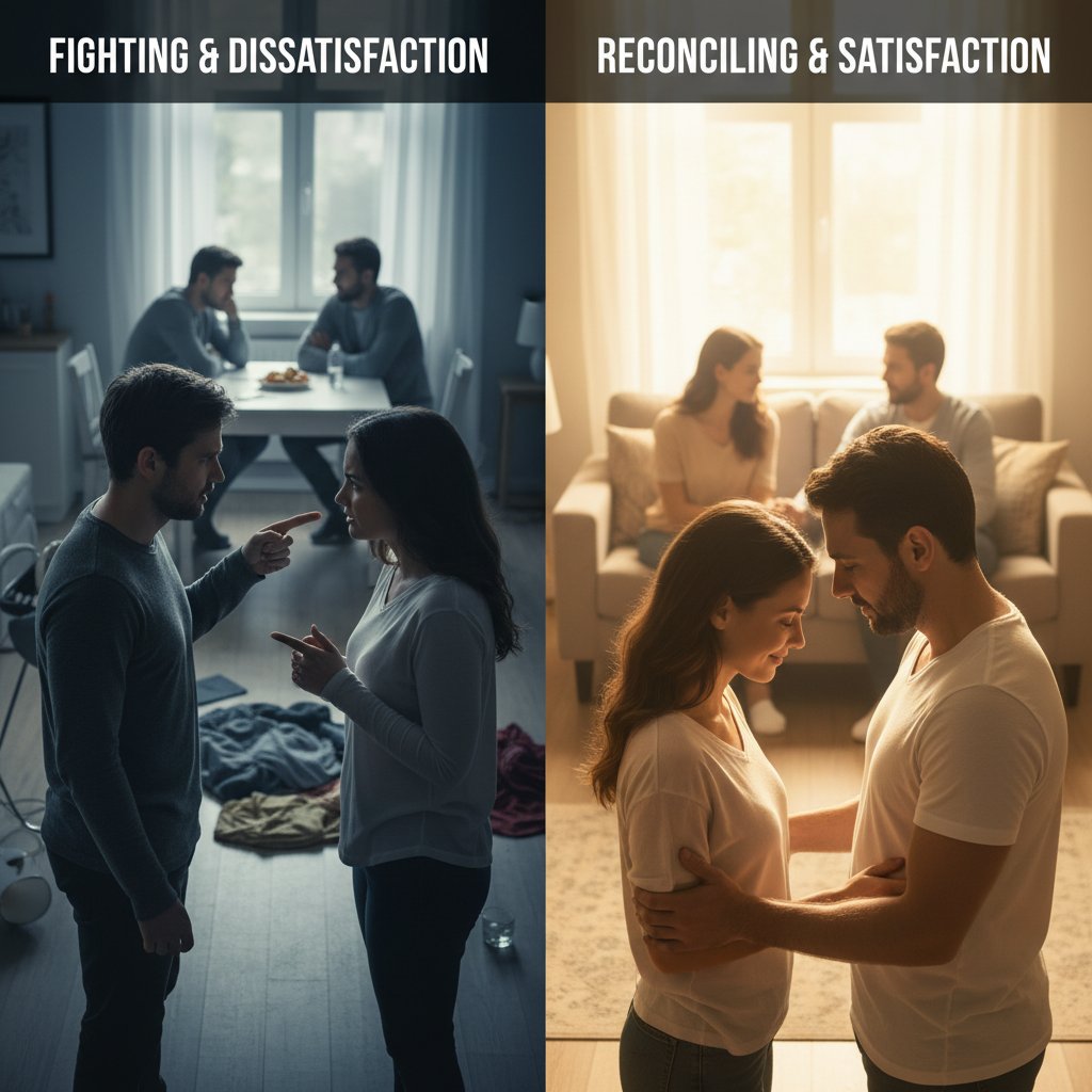 Two couples, one fighting, one reconciling, same advice, different outcomes, relationship satisfaction
