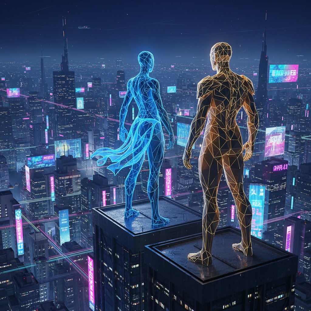 Dynamiczna scena dwóch cyfrowych humanoidów – jeden w niebieskich odcieniach, drugi złoty – rywalizujących na tle neonowego miasta