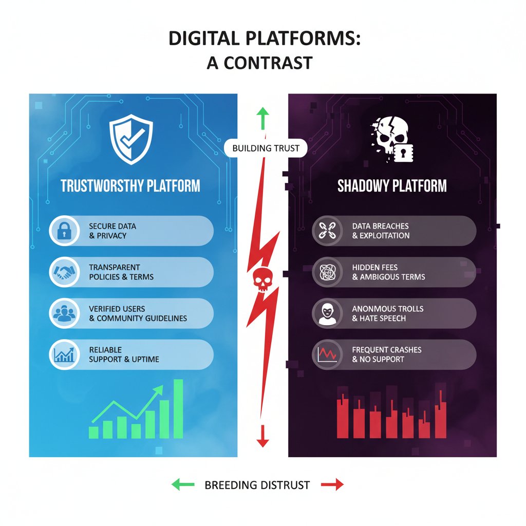 Dwie kontrastujące platformy cyfrowe, jedna przyjazna i godna zaufania, druga nieprzejrzysta, styl infografiki