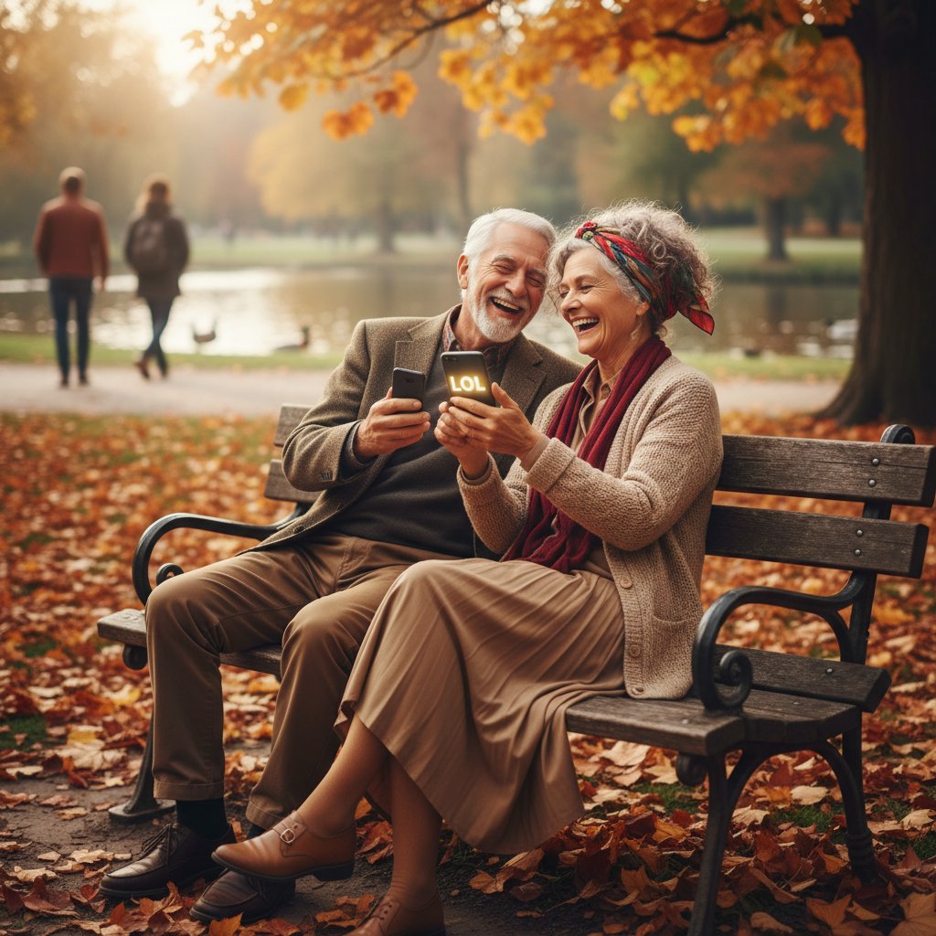 Dwóch seniorów śmieje się ze smartfonami na ławce, symbolizując trwałe przyjaźnie online