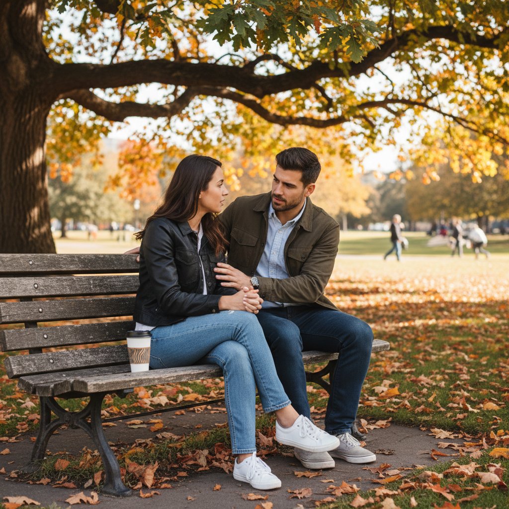 Dwoje przyjaciół siedzi na ławce w parku, rozmawiają szczerze i bezpośrednio