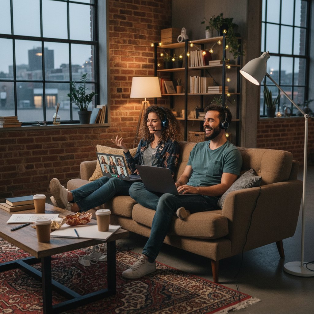 Dwóch młodych ludzi rozmawia przez komputer, luźna atmosfera, pokój w stylu miejskim