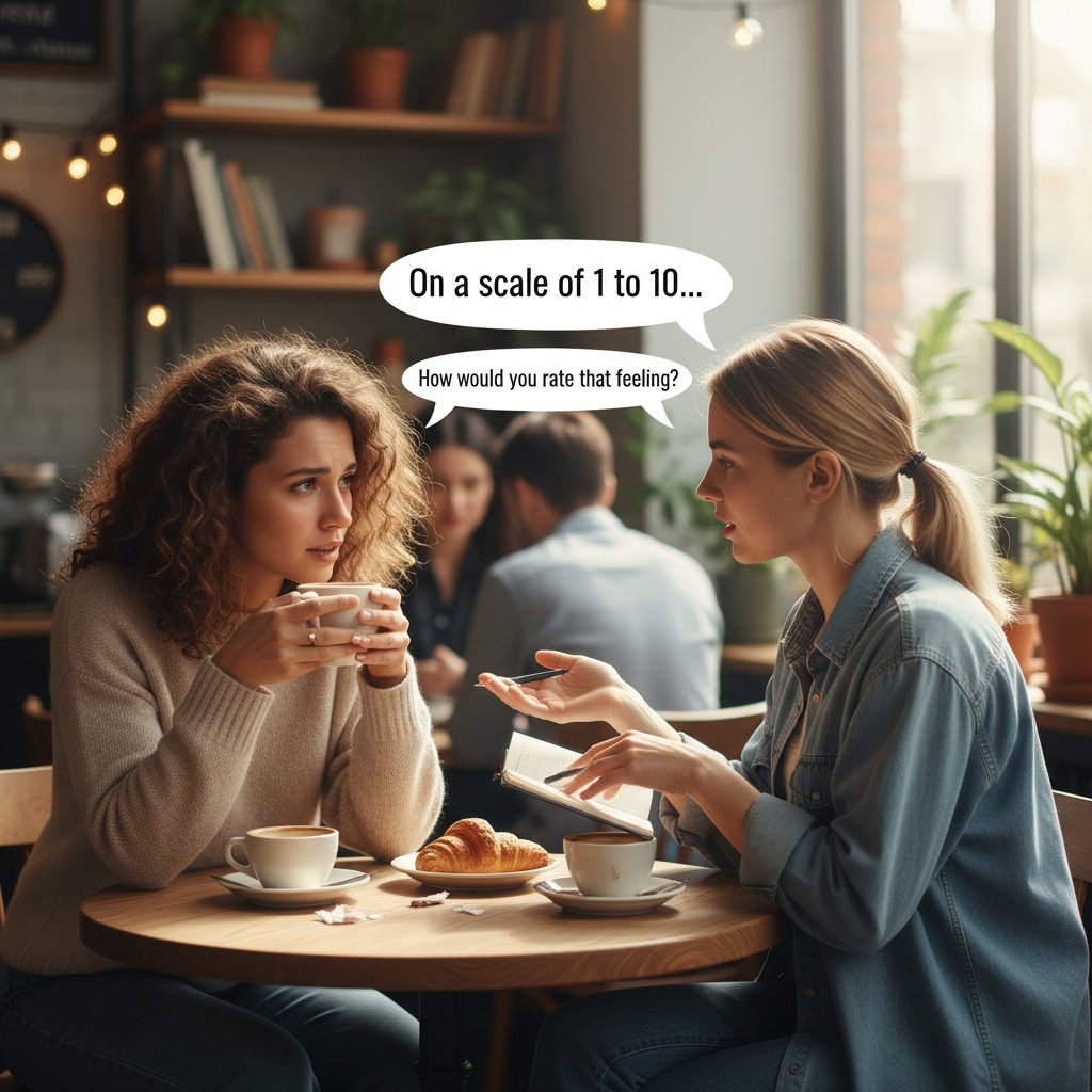 Bliska rozmowa dwojga przyjaciół przy kawie – normalizacja tematów emocjonalnych dzięki pytaniom skalującym