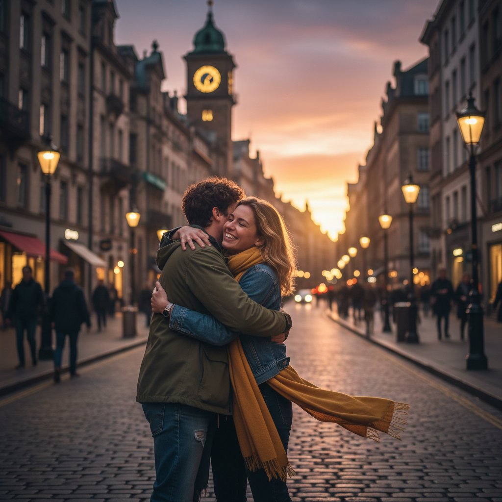 Przyjaźń zawarta przez aplikację ratuje życie – dwóch przyjaciół przytulających się na ulicy o zmierzchu