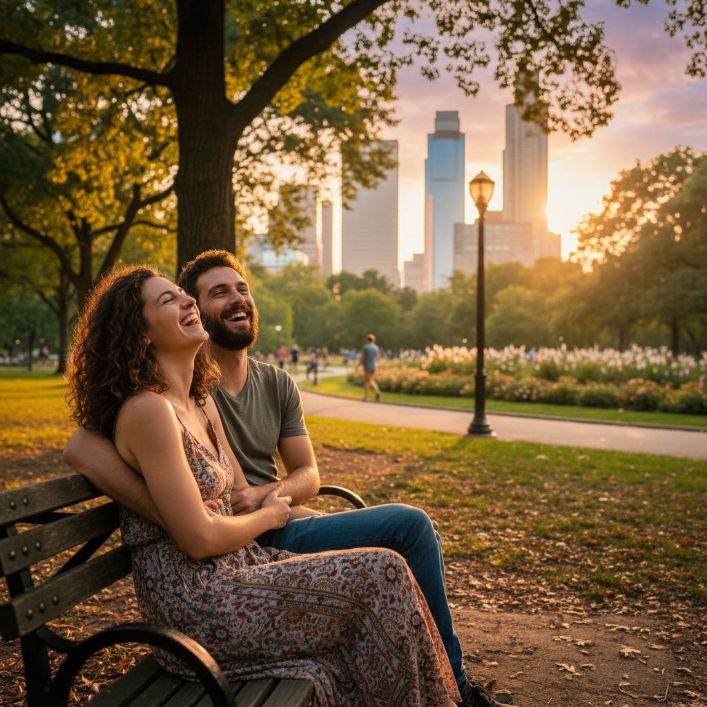 Dwóch przyjaciół śmiejących się razem w parku – przykład udanej znajomości online