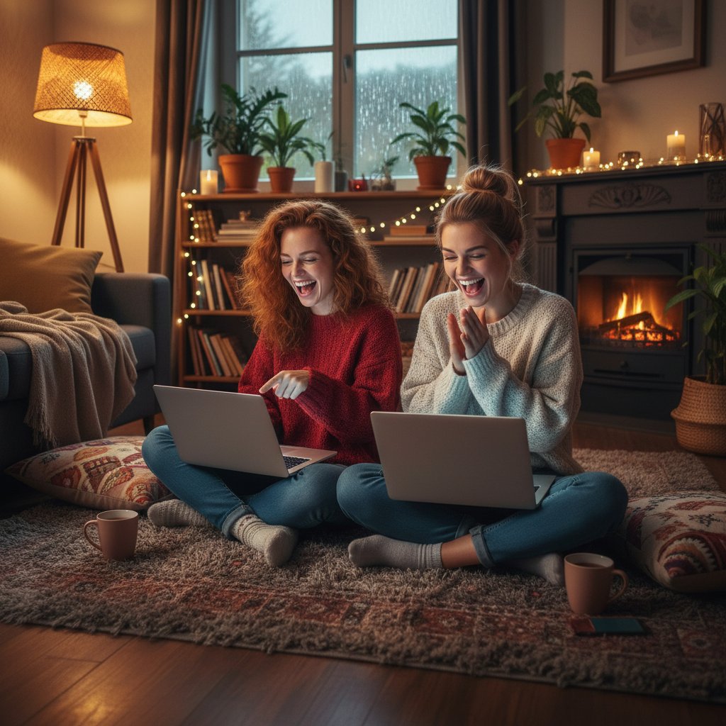 Dwie osoby śmiejące się do laptopów nocą, przytulna atmosfera, rozmowa online bez terapii, wsparcie