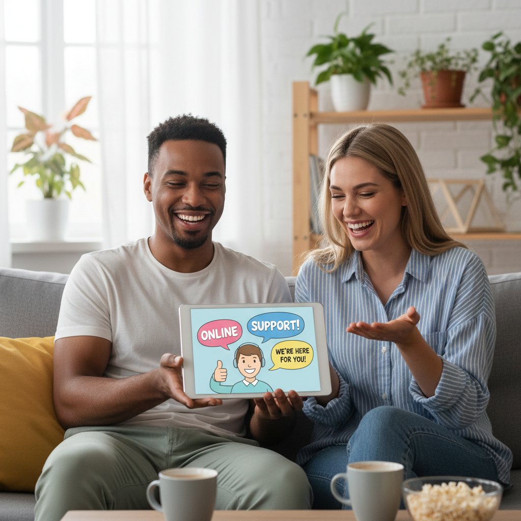 Dwie osoby śmiejące się podczas rozmowy online, atmosfera wsparcia i autentyczności