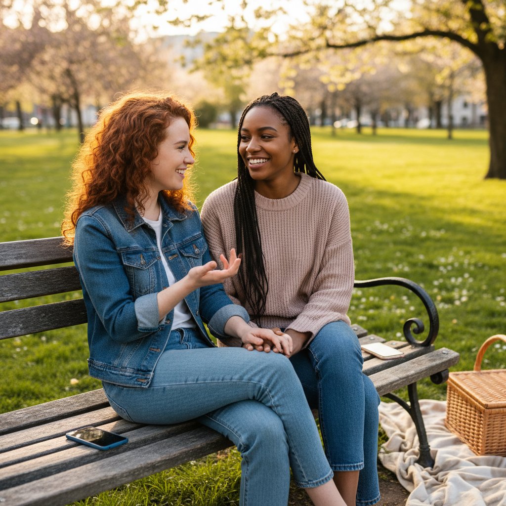 Para rozmawiająca w parku, każdy z telefonem, atmosfera zaufania i spokoju, motyw: zdrowa przyjaźń online