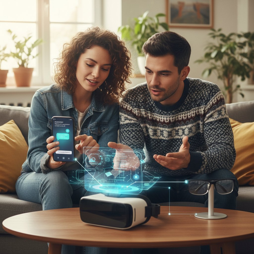 Zwei Freunde sitzen zusammen, Smartphone mit KI-Chat im Vordergrund, hybride Interaktion