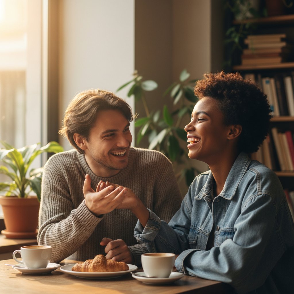 Dwóch znajomych wymienia się żartami na pierwszym spotkaniu, uśmiechnięte twarze, swobodna atmosfera