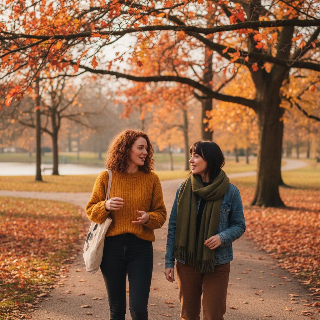 Przyjacielska rozmowa podczas spaceru – dwóch przyjaciół w parku, jesienne barwy
