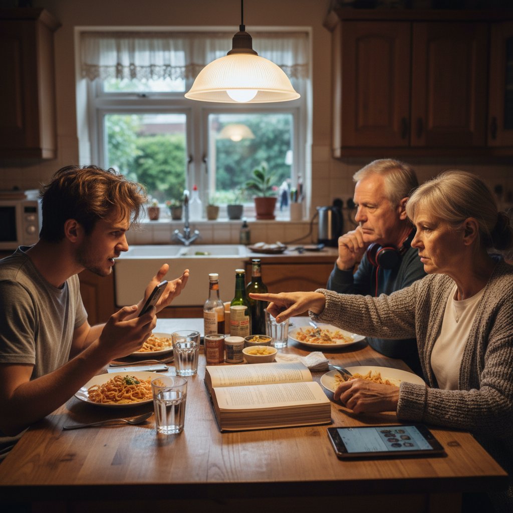 Dwie generacje spierają się przy stole: jedno z urządzeniem, drugie z książką kucharską – kontrowersje wokół cyfrowego gotowania