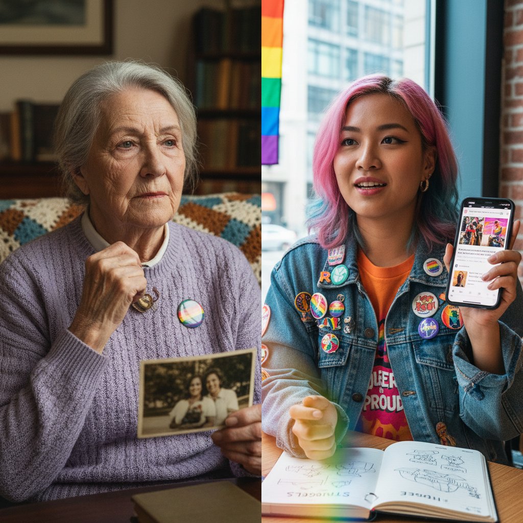 Dwie osoby LGBT w różnym wieku, podczas dyskusji, kontrast pokoleń, emocje