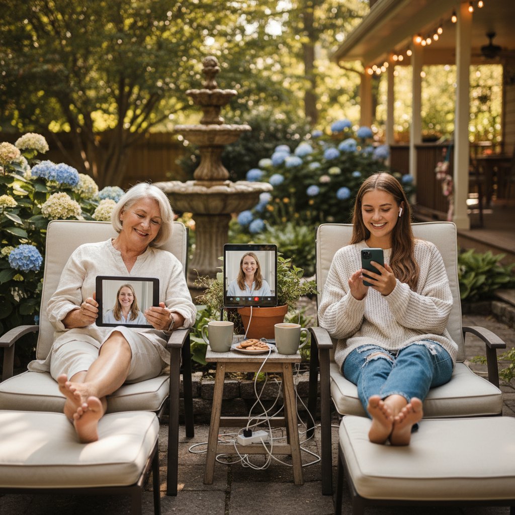 Dwie osoby z różnych pokoleń, każda korzysta z rozmowy relaksacyjnej online, kontrast pokoleniowy