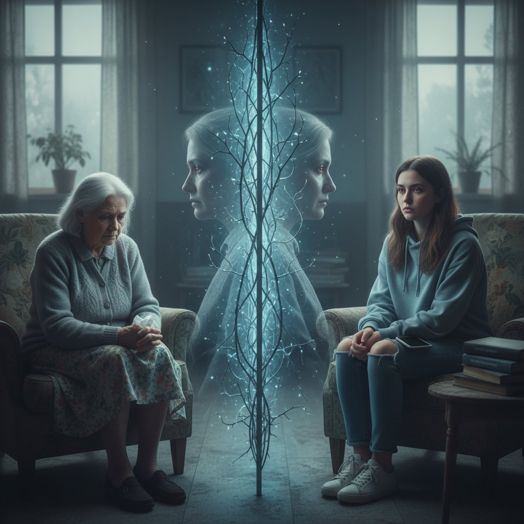 Dwie osoby z różnych pokoleń siedzące naprzeciw siebie, wyraźnie dzielone pokoleniową przepaścią, temat tabu