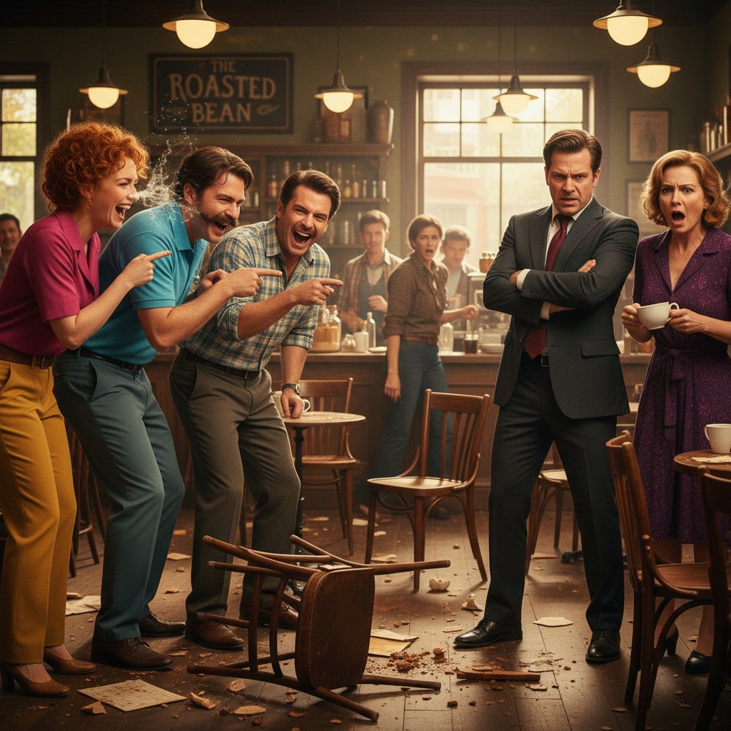 A lively debate over a controversial comedy movie scene in a modern café. Comedy debate, polarized reactions, group discussion