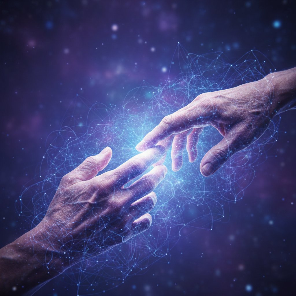 Symbolbild für die Verbindung von Mensch und Technologie – digitale Freundschaft.