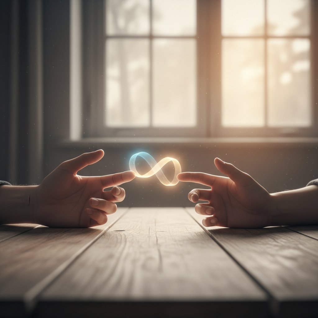 Photo of two hands reaching across a table, one hesitant, symbolic lighting, relationship forgiveness concept, 16:9