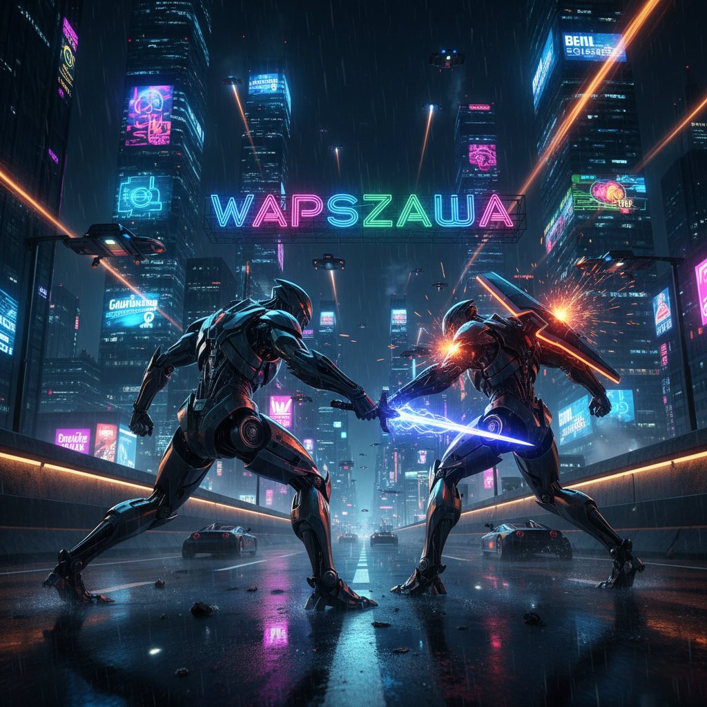 Dwie humanoidalne AI w futurystycznej, neonowej Warszawie nocą – symbol konfliktu chatgpt vs bing chat