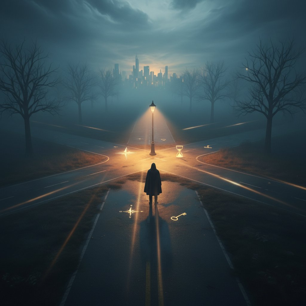 Forked roads at dusk symbolizing ambiguous movie endings