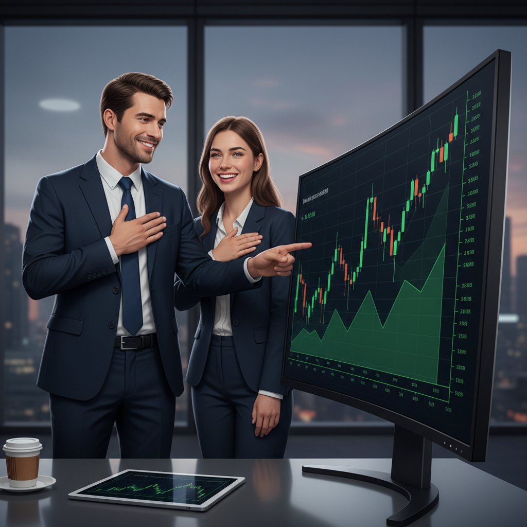 Dwóch inwestorów dyskutujących przy komputerze analizującym wykresy finansowe, wyraźne emocje ulgi i zadowolenia