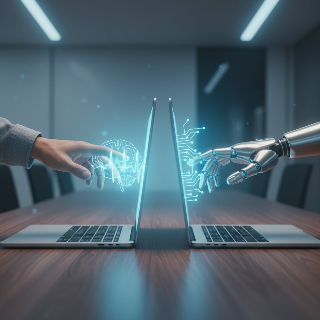 Człowiek i AI w rozmowie online, dwa laptopy naprzeciwko siebie, ręka ludzka i robotyczna