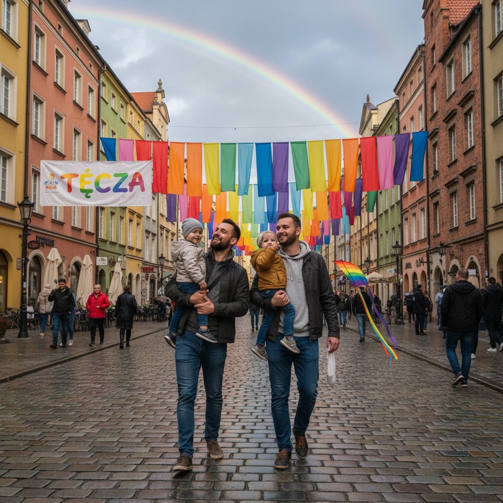 Zdjęcie dwóch mężczyzn i dziecka na tle surowego polskiego blokowiska, z subtelnym tęczowym akcentem