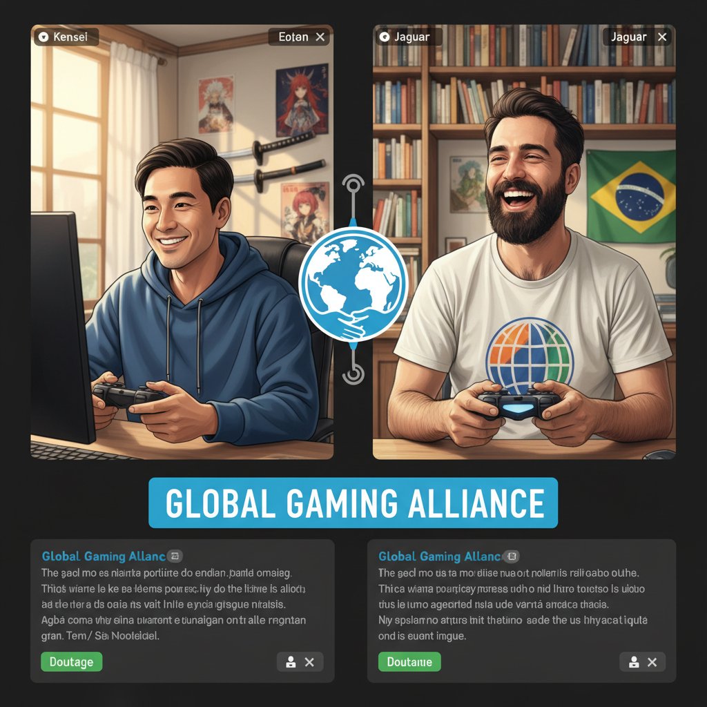 Dwóch młodych mężczyzn pochodzących z różnych krajów rozmawiających przez laptopa, szeroko uśmiechniętych i otoczonych gadżetami związanymi z grami – symbol globalnej przyjaźni online