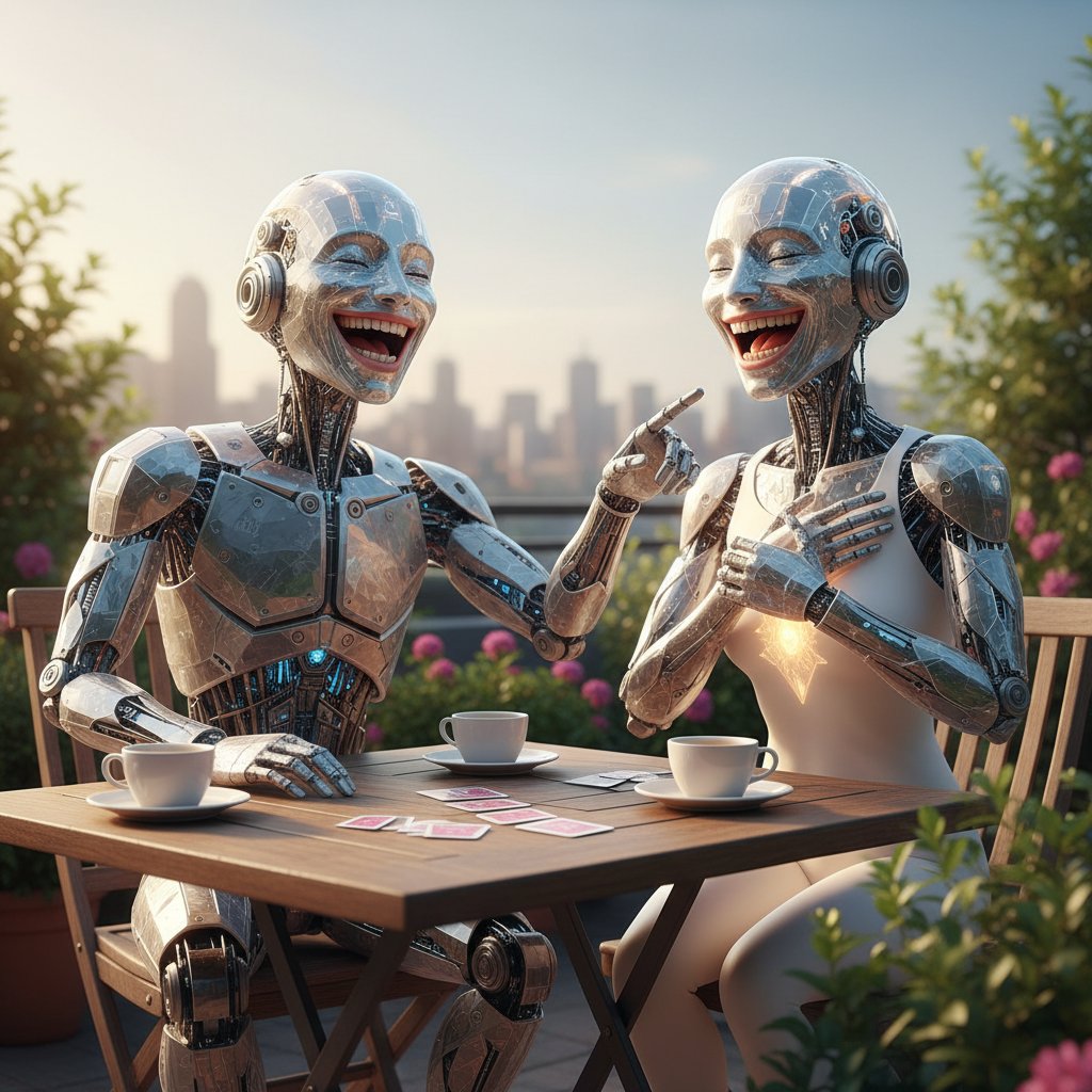 Dwie osoby i AI śmiejące się przy jednym stole