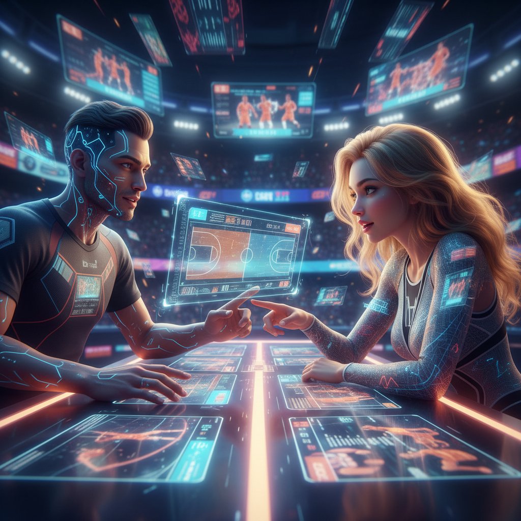 Porównanie dwóch osób i avatara AI siedzących przy stole, dyskutujących o sporcie, dynamiczna scena