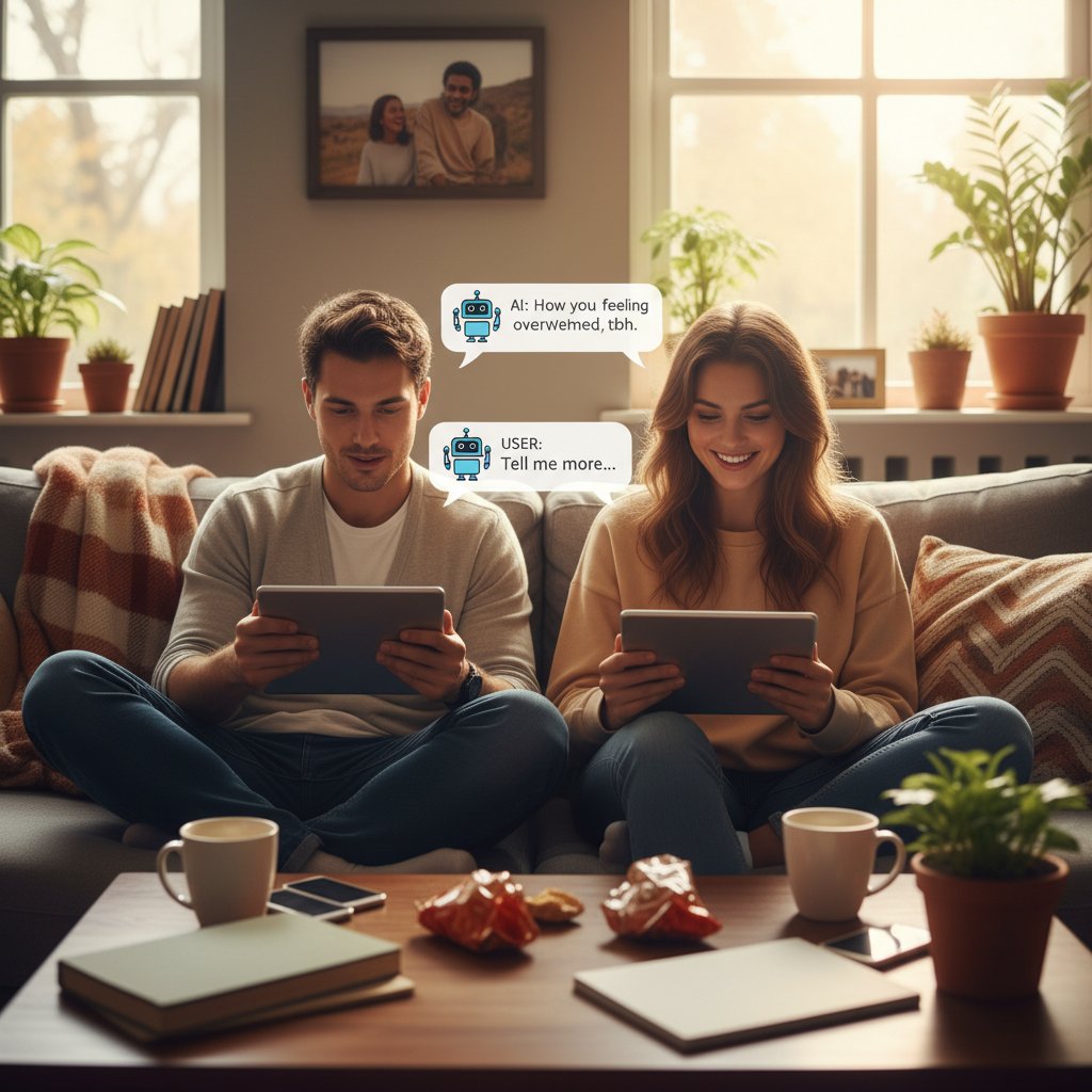 Dwie osoby i AI prowadzą rozmowę w domowym zaciszu, atmosfera przyjaźni i autentyczności