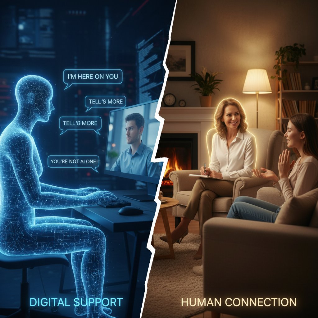 Dwie osoby: jedna rozmawia z AI, druga z terapeutą – kontrast pomocy cyfrowej i ludzkiej