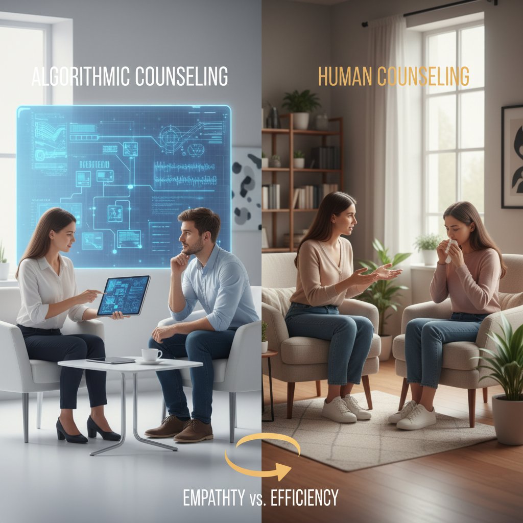 Symbolbild: Zwei Menschen gegenüber, digitaler Algorithmus als drittes Element, Thema Mensch vs. KI