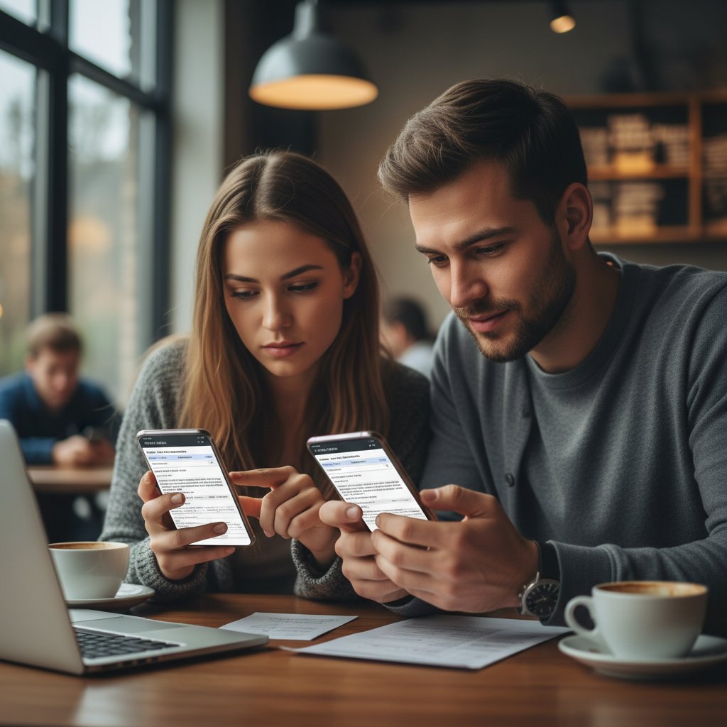 Dwie osoby analizujące warunki taryfowe na urządzeniach mobilnych