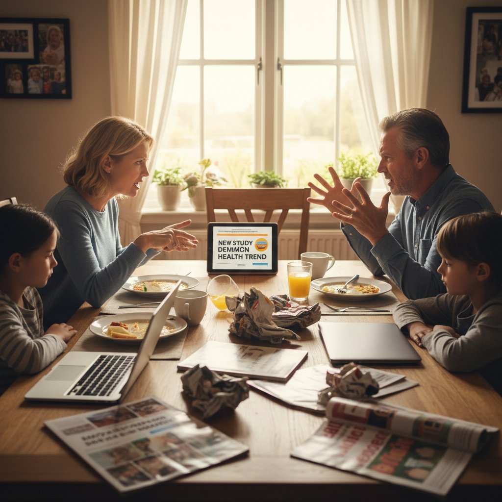 Dwie osoby kłócące się przy stole, na którym leżą gazety i smartfony z wiadomościami o zdrowiu