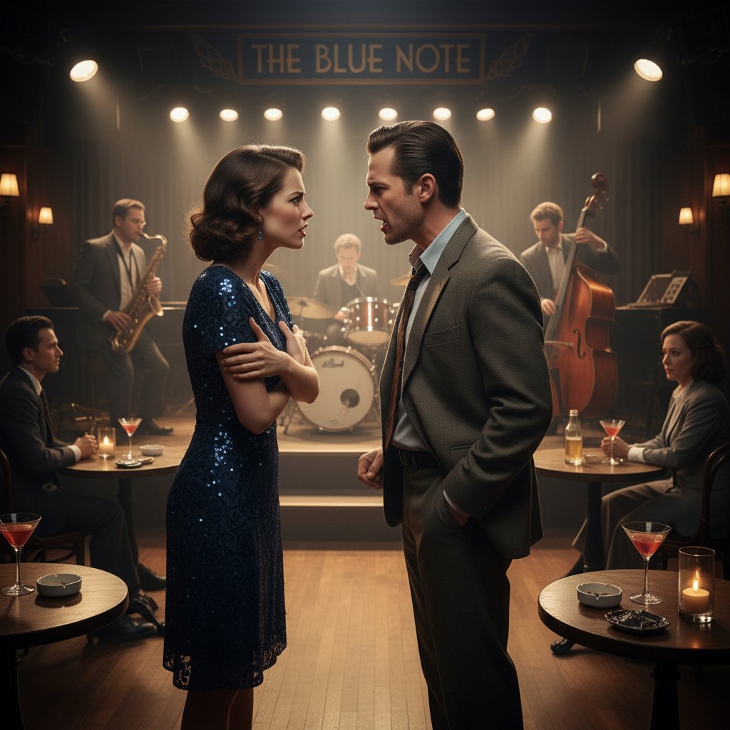 Dwóch rozmówców w gorącej dyskusji w klubie jazzowym, podkreślając autentyczny konflikt