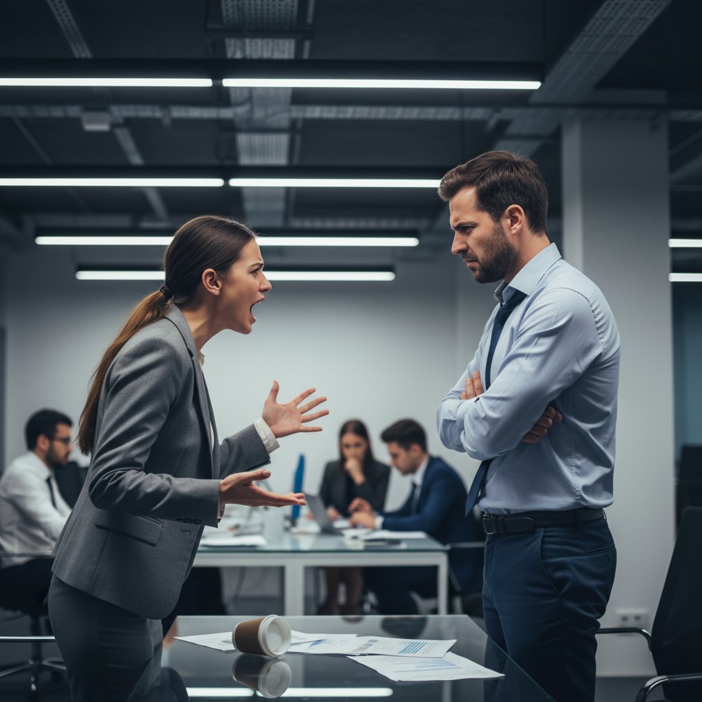 Dwóch ludzi w ostrym sporze w biurze, napięcie emocjonalne relacji – słowo kluczowe efektywność interpersonalna