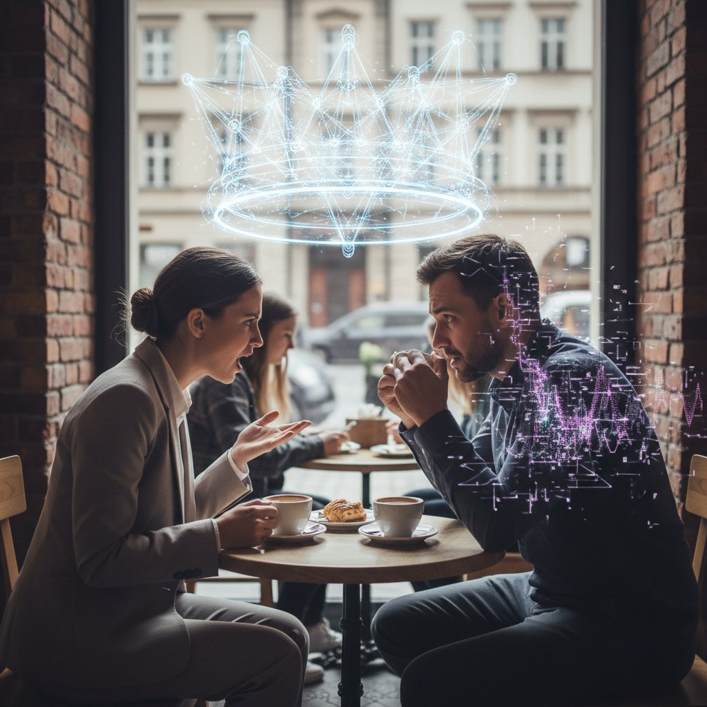 Dwie osoby, jedna z wyraźnym niepokojem, druga asertywna, rozmawiające przy nowoczesnym stole w warszawskiej kawiarni, neonowe światła i cyfrowa aura — relacje interpersonalne