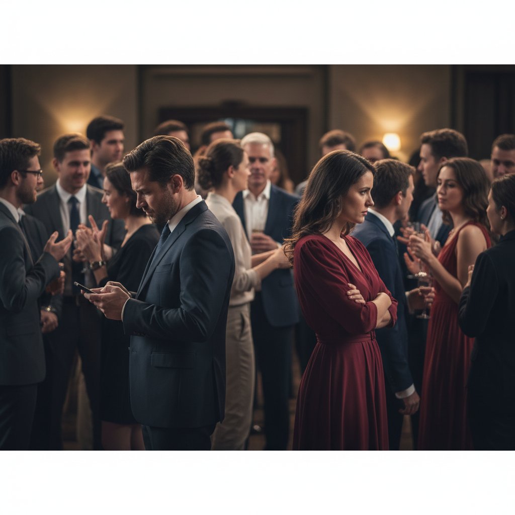 Dwie osoby unikające kontaktu wzrokowego w zatłoczonym pomieszczeniu, napięta atmosfera rozmowy