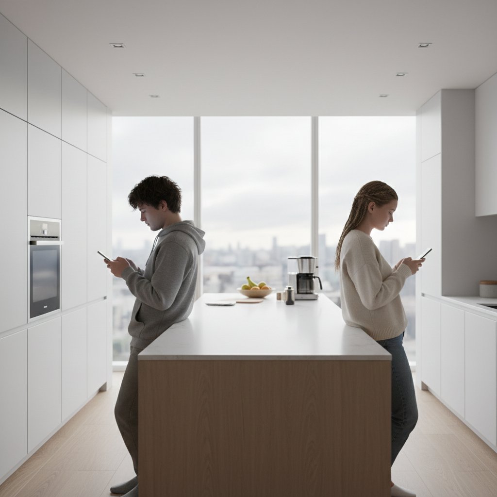 Dwie osoby siedzące tyłem do siebie w kuchni, skupione na telefonach, dystans emocjonalny